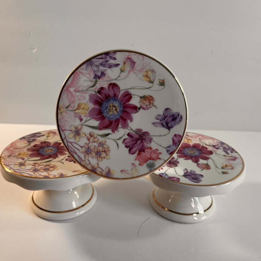 Cupcake Pedestal Stands Broadway Tea Room Purple Flowers Set/3 Gold Rim Ceramic